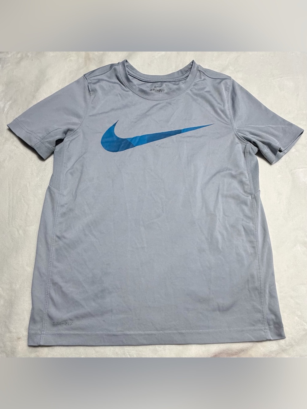 Nike Light Gray Short Sleeve Tee with Blue Swoosh Logo